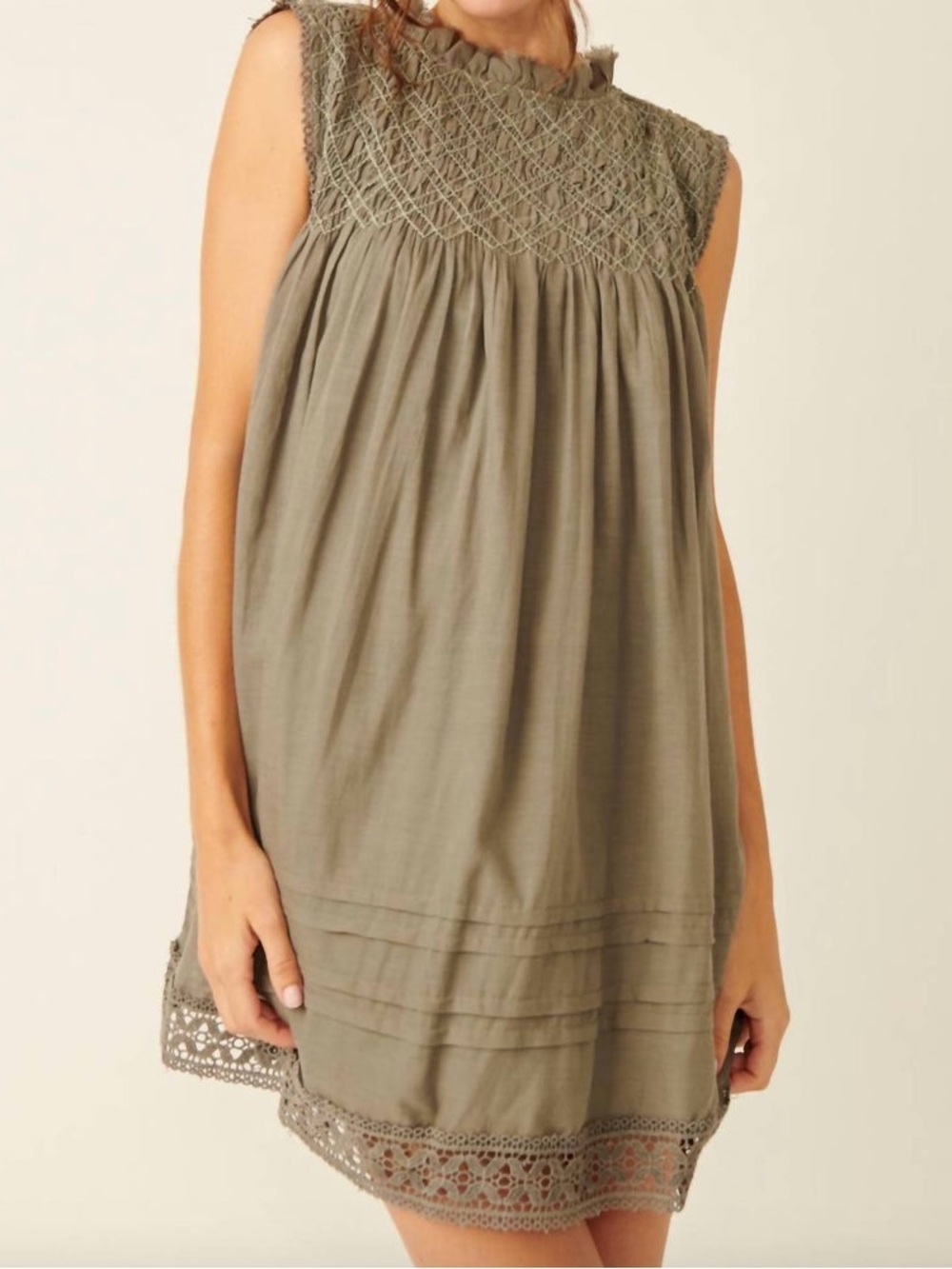 Free People Olive Smocked Yoke Lace-Trim Sleeveless Dress